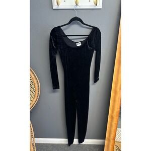 Vintage 90s Unitard Sz L Black Stretch Crushed Velvet Catsuit Leotard Jumpsuit